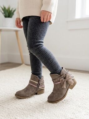 Jellypop Girls Taupe Bow Stud Ankle Boots with Pink Accents
